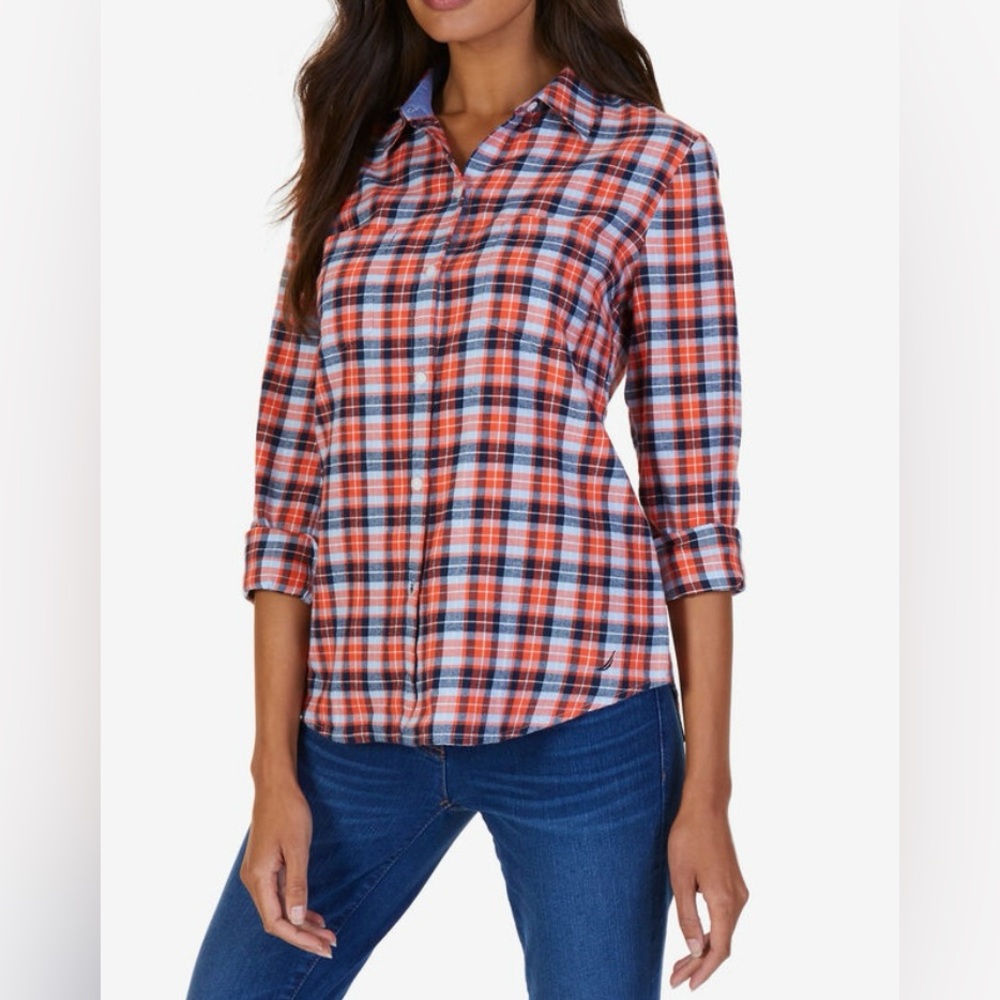 Nautica Size Medium Women's Plaid Cotton Flannel Button Front Shirt Fall Colors